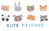 Hand Drawn Cute Set animals bear, cat, rabbit, fox, panda, dog, leopard, raccoon vector trendy print, design for children, Element for design written phrase - Cute friends