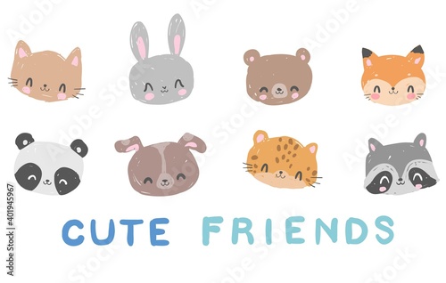 Hand Drawn Cute Set animals bear, cat, rabbit, fox, panda, dog, leopard, raccoon vector trendy print, design for children, Element for design written phrase - Cute friends © Alsu Art