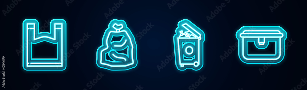 Set line Plastic bag, Garbage, Trash can and Lunch box. Glowing neon icon. Vector. Set line Plastic bag, Garbage, Trash can and Lunch box. Glowing neon icon. Vector.