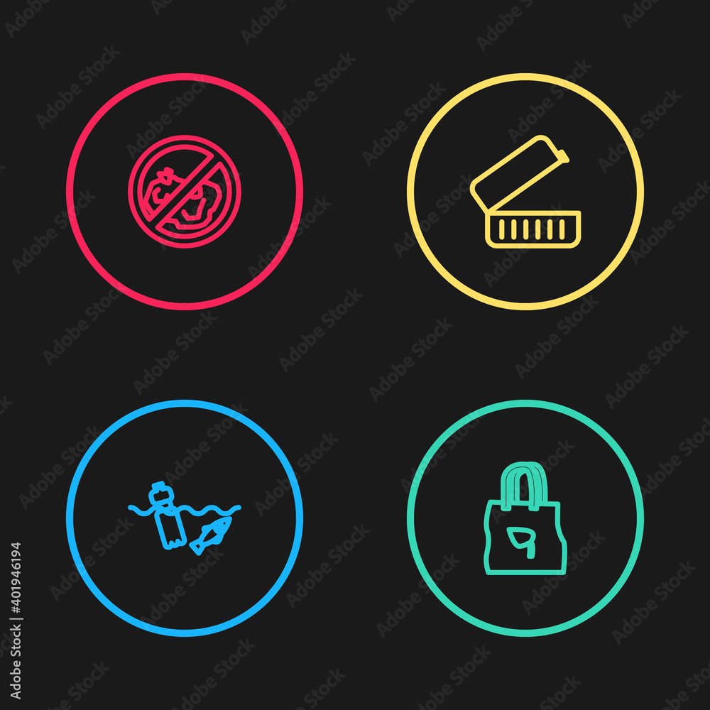 Set line Problem pollution of the ocean, Shopping bag with recycle, Lunch box and No trash icon. Vector. Set line Problem pollution of the ocean, Shopping bag with recycle, Lunch box and No trash icon. Vector.