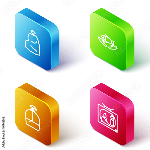 Set Isometric line Garbage bag, Fish care, Bottle of liquid soap and Stop plastic pollution icon. Vector.