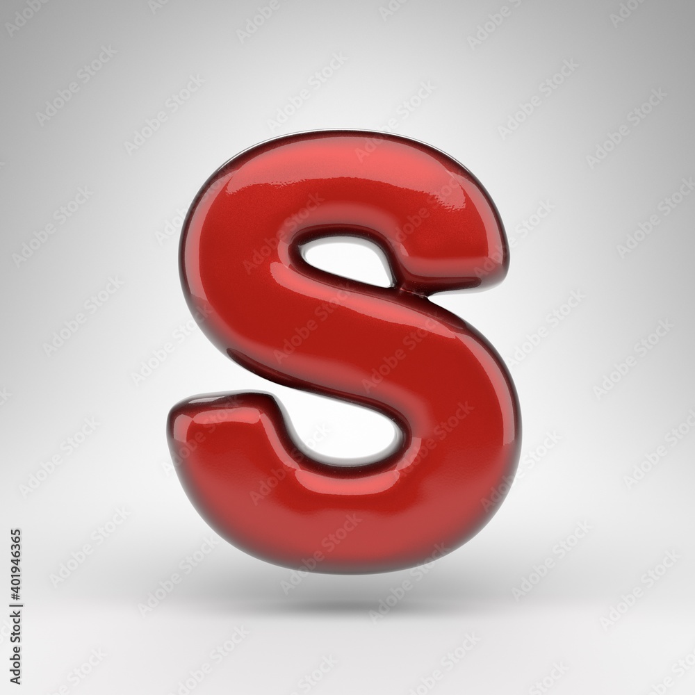 Letter S uppercase on white background. Red car paint 3D letter with glossy metallic surface. Letter S uppercase on white background. Red car paint 3D letter with glossy metallic surface.