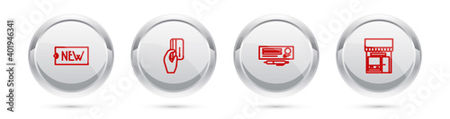 Set line Price tag with text New, Hand holding credit card, Bank check pen and Shopping building or market store. Silver circle button. Vector.