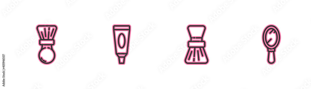 Set line Shaving brush, , Cream or lotion cosmetic tube and Hand mirror icon. Vector.