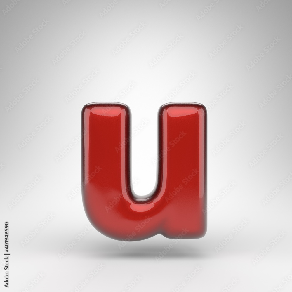 Letter U lowercase on white background. Red car paint 3D letter with glossy metallic surface. Letter U lowercase on white background. Red car paint 3D letter with glossy metallic surface.