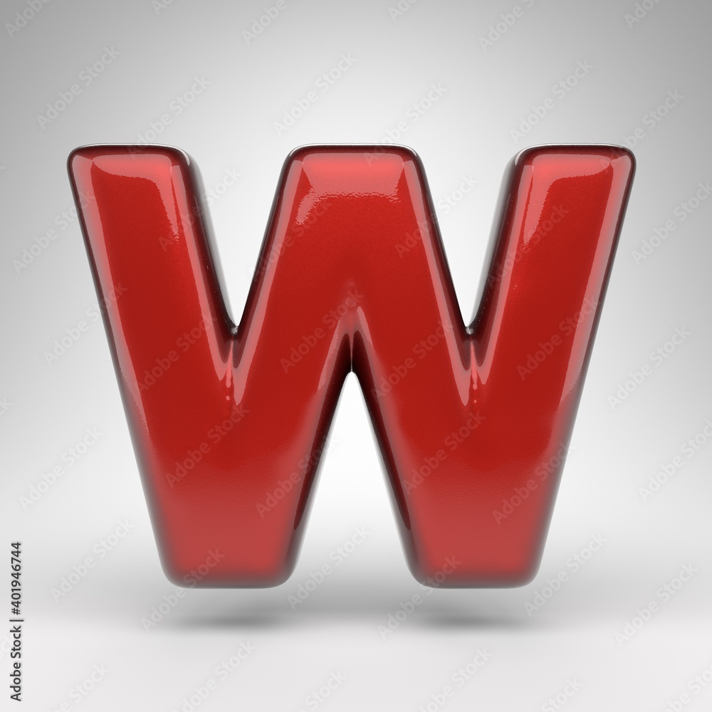 Letter W uppercase on white background. Red car paint 3D letter with glossy metallic surface. Letter W uppercase on white background. Red car paint 3D letter with glossy metallic surface.