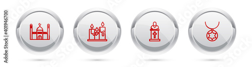 Set line Muslim Mosque, Burning candles, Church pastor preaching and Star of David necklace on chain. Silver circle button. Vector.