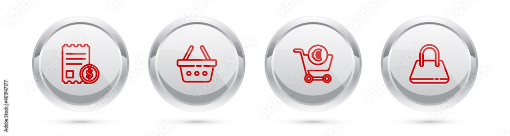 Set line Paper check and financial check, Shopping basket, cart euro and Handbag. Silver circle button. Vector. Set line Paper check and financial check, Shopping basket, cart euro and Handbag. Silver circle button. Vector.
