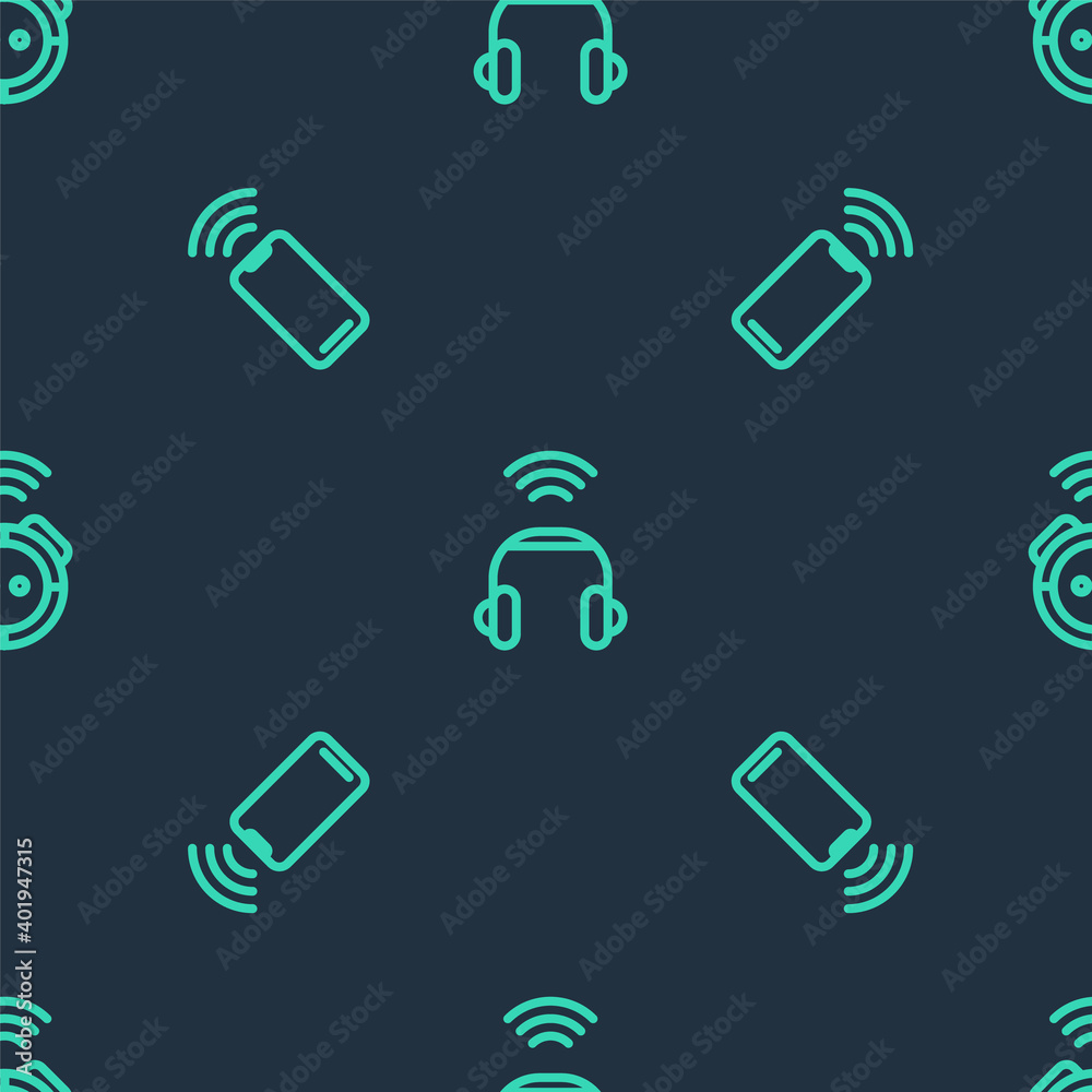Set line Smart headphones, Wireless smartphone and Robot vacuum cleaner on seamless pattern. Vector.