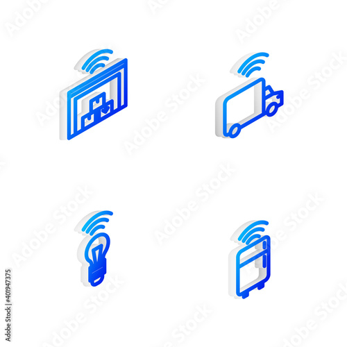 Set Isometric line Smart truck  warehouse  light bulb and refrigerator icon. Vector.