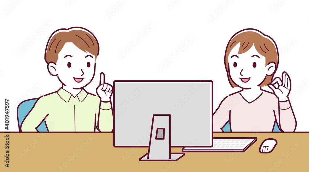 Two people talking while looking at a desktop computer Two people talking while looking at a desktop computer