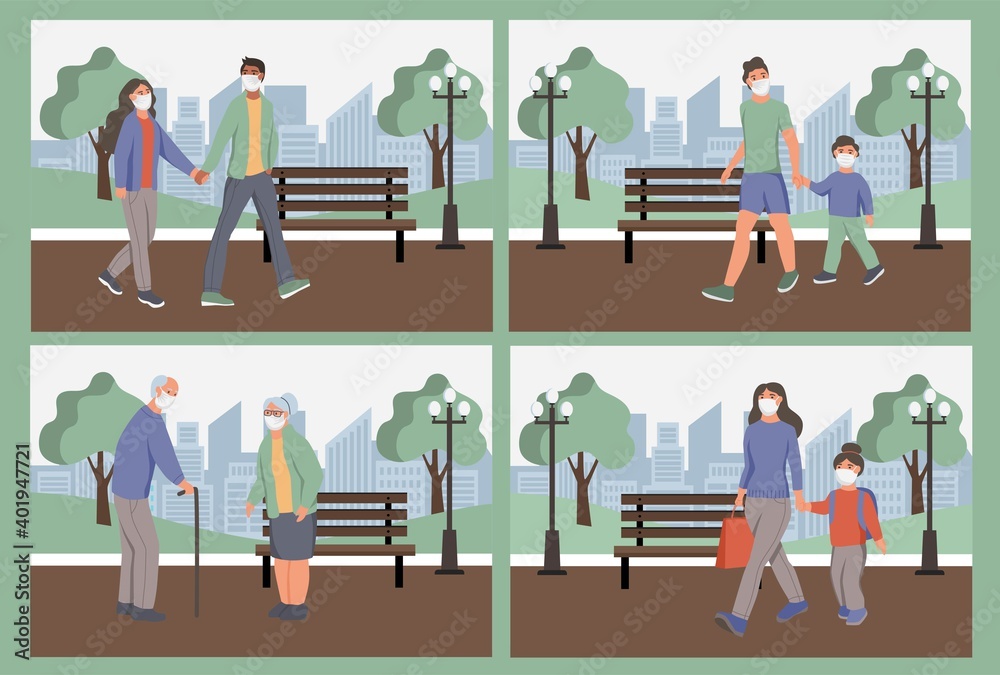 Set people in protective face dust masks wolk in park. Protection from urban air pollution, smog, vapor. Coronavirus quarantine, respiratory virus concept. Flat cartoon  vector illustration.