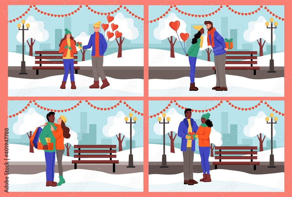 Set. Couple exchange gifts and kiss in a winter Park. A young man and woman celebrate Valentine's day. Flat vector illustration. Set. Couple exchange gifts and kiss in a winter Park. A young man and woman celebrate Valentine's day. Flat vector illustration.