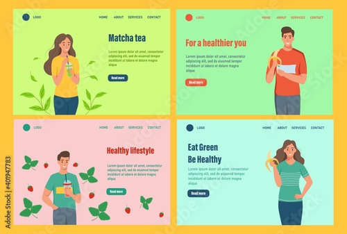 Landing page vector template. A set of characters of a healthy lifestyle. Young men and women eat fruit and drink smoothies. Flat cartoon vector illustration.