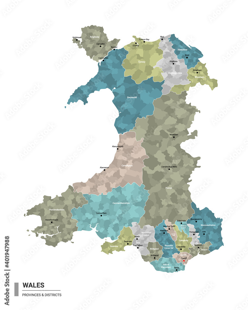 Wales higt detailed map with subdivisions. Administrative map of Wales 