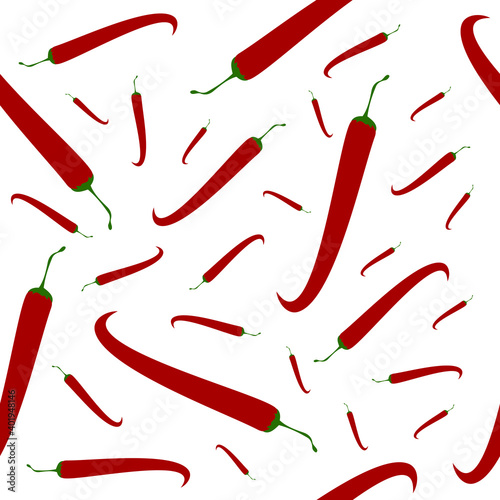 Scattered red hot chili peppers seamless pattern on white. Simple and flat hand drawn design. Suits for wrapping, packaging, boxing. Great as background, banner or fabric.