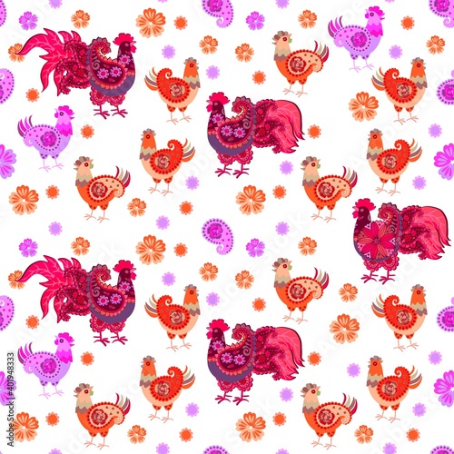 Patterned roosters and hens with wings in shape of paisley on white backgroun...