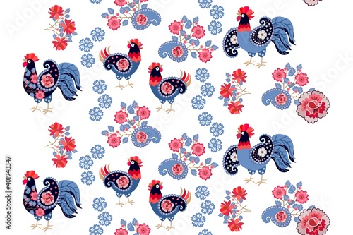 Charming seamless ornament with patterned cockerels and hens, flower garlands, bouquets and paisley on a white background. Magic print for fabric, wallpaper in Russian folk style.