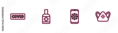 Set line Corona virus covid-19, Virus statistics mobile, Liquid antibacterial soap and Medical protective mask icon. Vector.