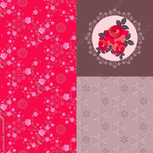 Collection of matching fabrics with floral designs. Two seamless patterns: graceful garlands of pink roses on red background and abstract flowers on brown background in cocoa color with milk.