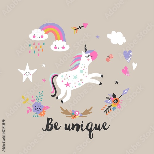 Cute unicorn greeting card. Magical unicorn vector poster.