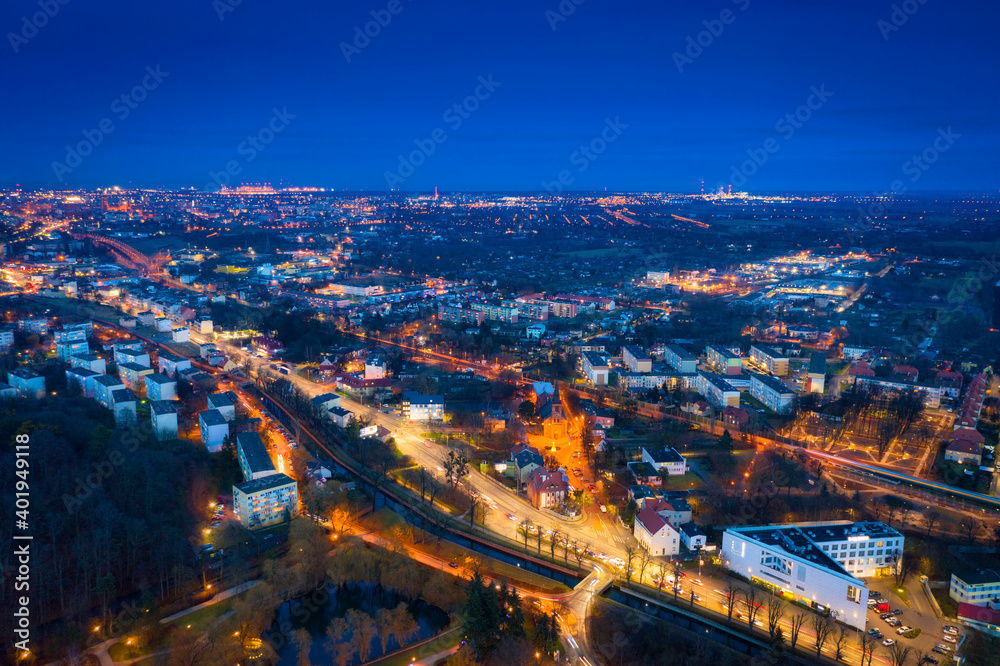 Aerial view of the Gdansk Orunia at dusk, Poland