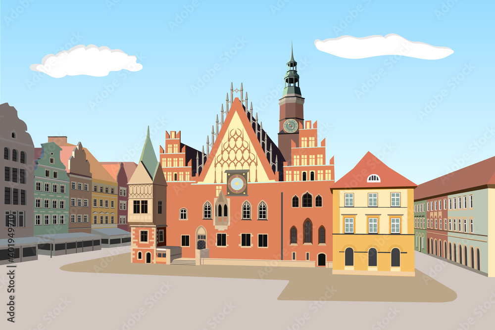 Gothic Town Hall of Wroclaw, Poland - detailed vector illustration Gothic Town Hall of Wroclaw, Poland - detailed vector illustration
