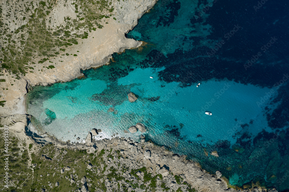 Obraz premium Top down drone photo of Cala st.vincent, beautiful tourist destination in mallorca.