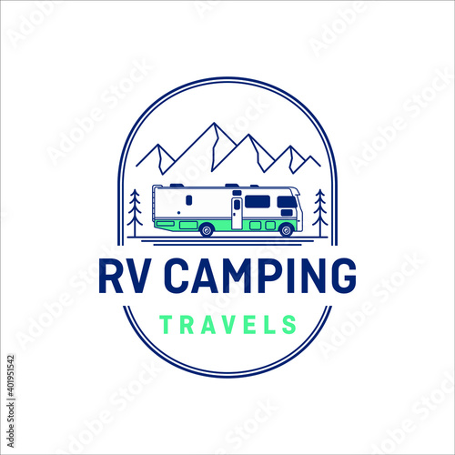 Motorhomes with mountains and pine trees in a minimalist outline design