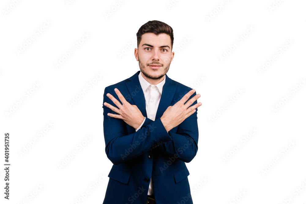 White businessman with brunette hair with hands on shoulders isolated on a white background White businessman with brunette hair with hands on shoulders isolated on a white background