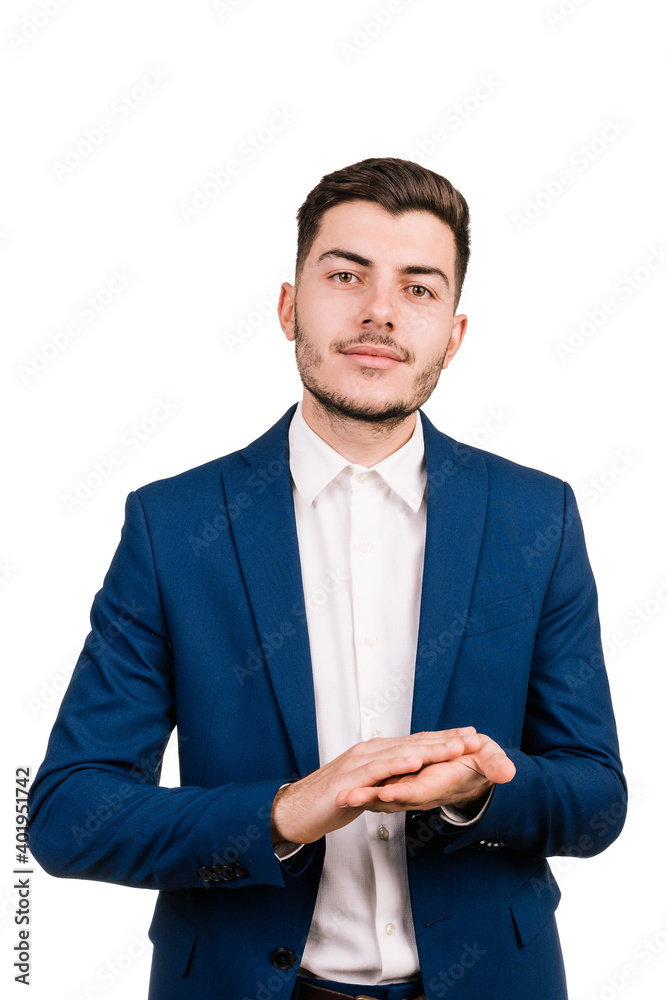 White businessman with brunette hair rubbing his hands isolated on a white background White businessman with brunette hair rubbing his hands isolated on a white background