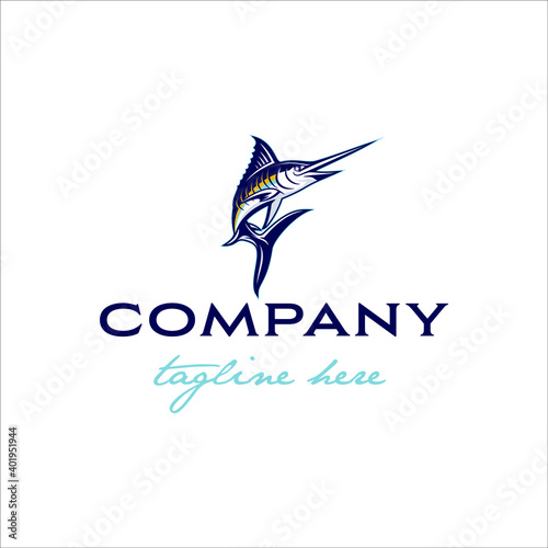 Flying marlin fish with retro and classic design styles