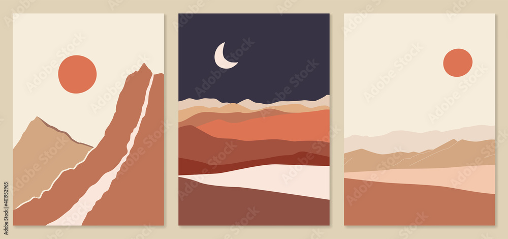 Abstract landscape illustrations. Mountains, sun, moon, sunset, desert, hills minimalist design. Trendy mid century art, boho home decor, wall art.