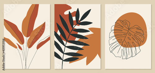 Abstract tropical leaves illustrations, monstera leaf art. Trendy mid century art, boho home decor, abstract floral wall art.