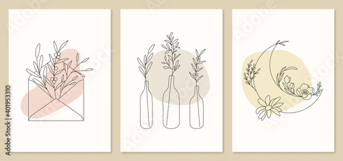 Moon and flowers, envelope with flowers, plants in vases illustrations set. Abstract botanical wall art boho print bohemian home decor floral vector