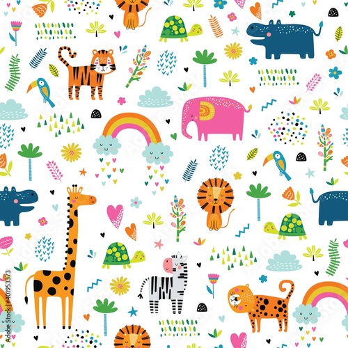 Seamless pattern with tropical animals. Creative nursery background. Perfect for kids design, fabric, wrapping, wallpaper, textile, apparel