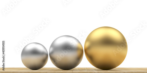 The silver and gold spheres are sized on white. 3d illustration
