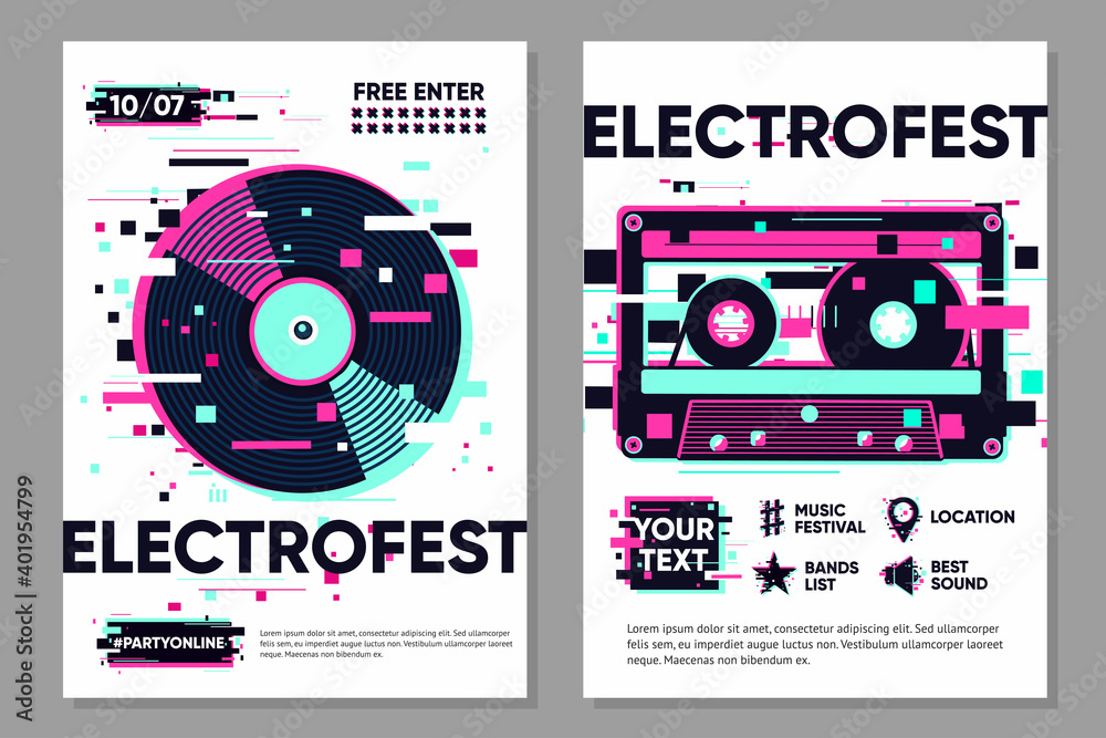 Posters set with vinyl record and audio cassette Music vector banner. Party background, electronic style. Glitch trendy illustration. Dance festival banner template.