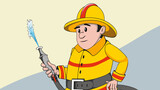 Firefighter pours water from a fire hose  illustration.