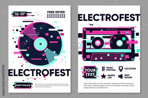 Fototapete Posters set with vinyl record and audio cassette Music vector banner