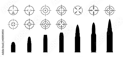 Bullets and aims collection. Weapon cartridge and target set. Vector illustration