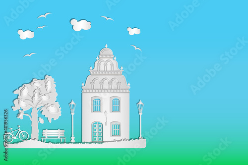House with tree, bicycle, bench, street lamp and clouds on a blue sky background. Paper art style. Banner for real estate concept, repair, construction, sale or house insurance with copy space. Vector