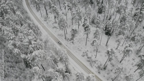 Winter forest snow car driving on forest road drone shooting 4K video