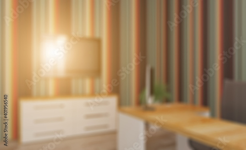 Office interior design in whire color. 3D rendering.. Sunset. Abstract blur phototography photo