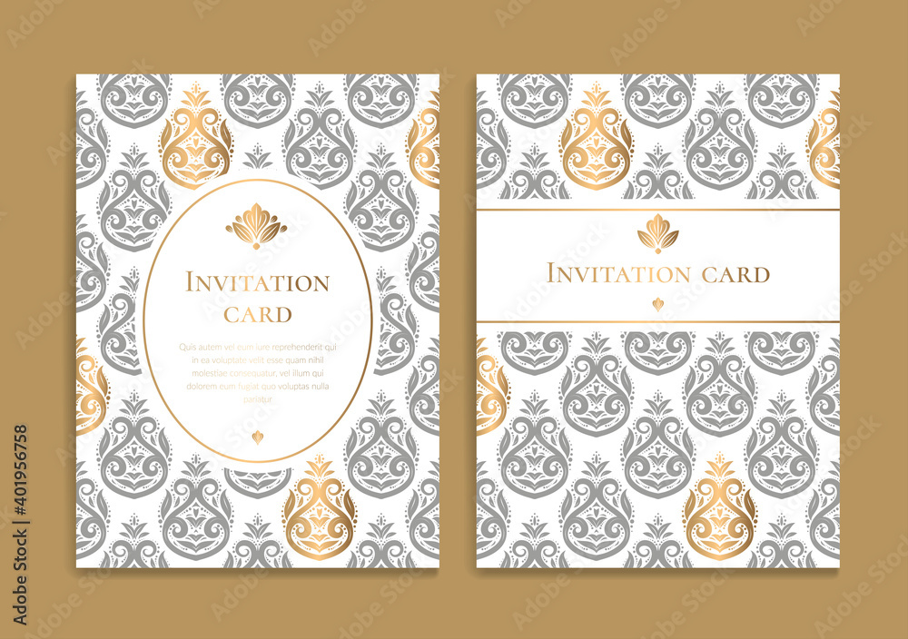 Grey and gold vintage greeting card design. Luxury vector ornament template. Great for invitation, flyer, menu, brochure, postcard, background, wallpaper, decoration, packaging or any desired idea.