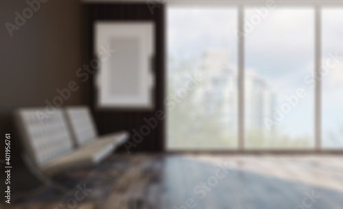 Reception in the business center. large windows with city views. armchairs for visitors.. 3D rendering. Mockup.   Empty paintings. Abstract blur phototography. wooden table on blurred background.