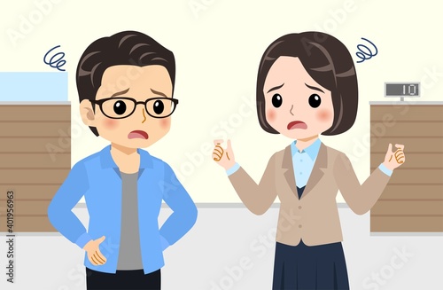 Bank clerk and young man at bank conversation