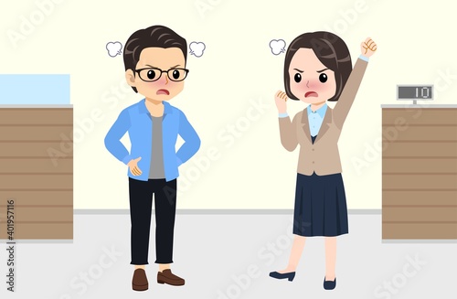 Bank clerk and young man at bank conversation