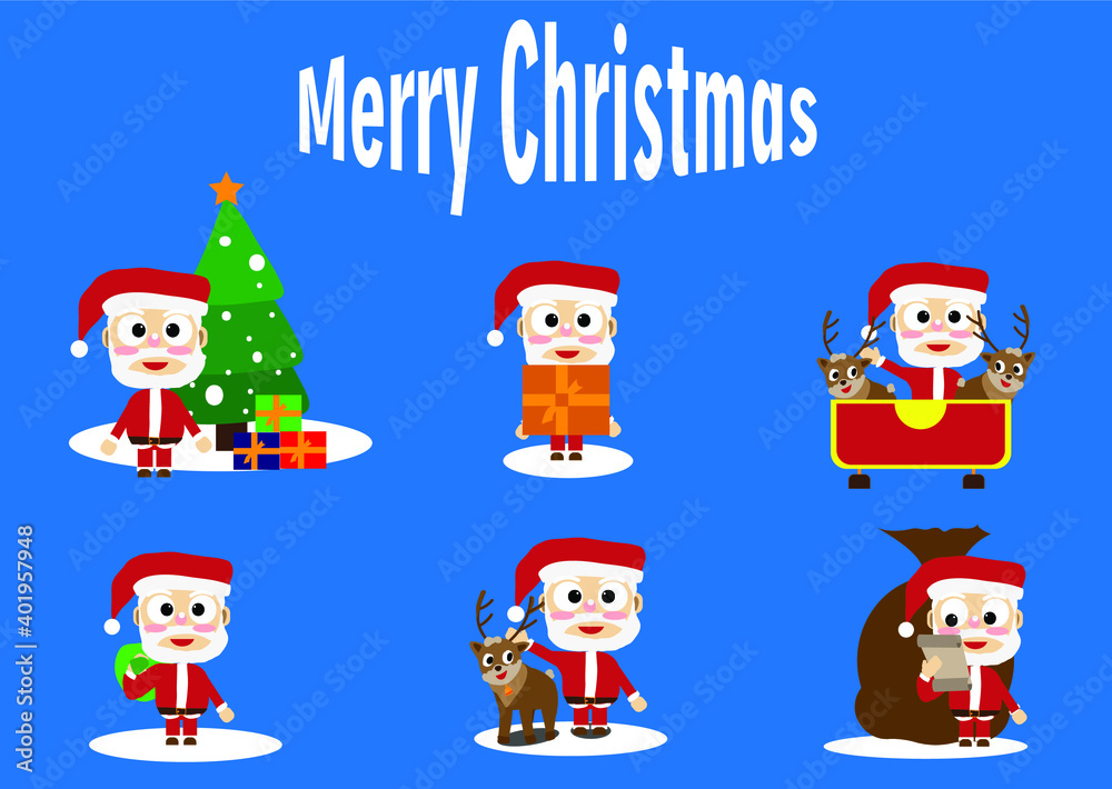 Set of cartoon Christmas illustrations isolated on white. Funny happy Santa Claus character with gift, bag with presents, waving and greeting. For Christmas cards, banners, tags and labels.