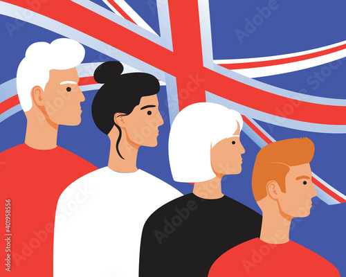 British people with great britain flag as patriotism concept, flat vector stock illustration with young, old men, women patriots uk